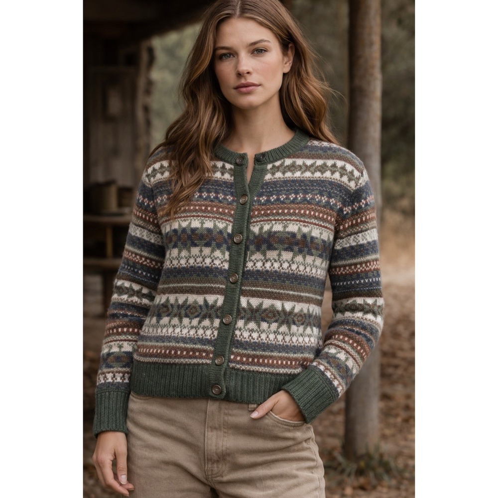 Fair Isle Knit Cardigan Sweater Tally Ho Womens XL‎ Zip Front Nordic Pattern